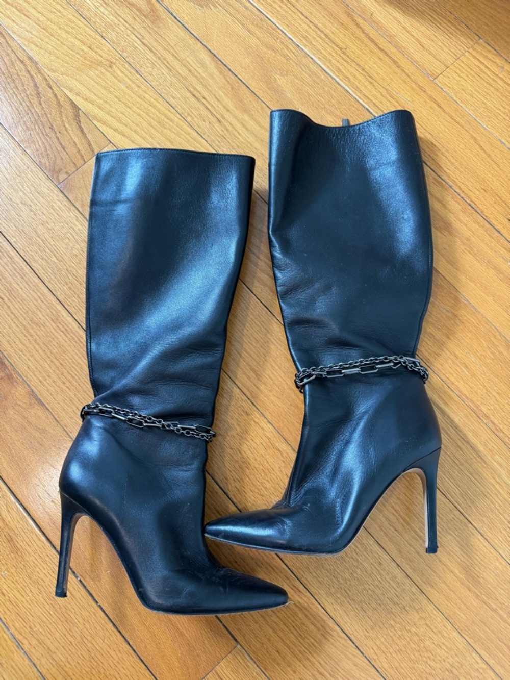 Vince Camuto Black Leather Knee-High Stiletto Boots with Chain Trim